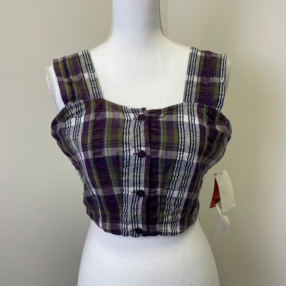 NEW Stefano International Vintage Plaid Crop Top M Purple Green Cotton Smocked